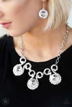 Load image into Gallery viewer, Three dramatically oversized rhinestones are nestled into three textured silver fittings that are connected by oval silver rings, creating a brilliant statement piece. Features an adjustable clasp closure.  Sold as one individual necklace. Includes one pair of matching earrings.
